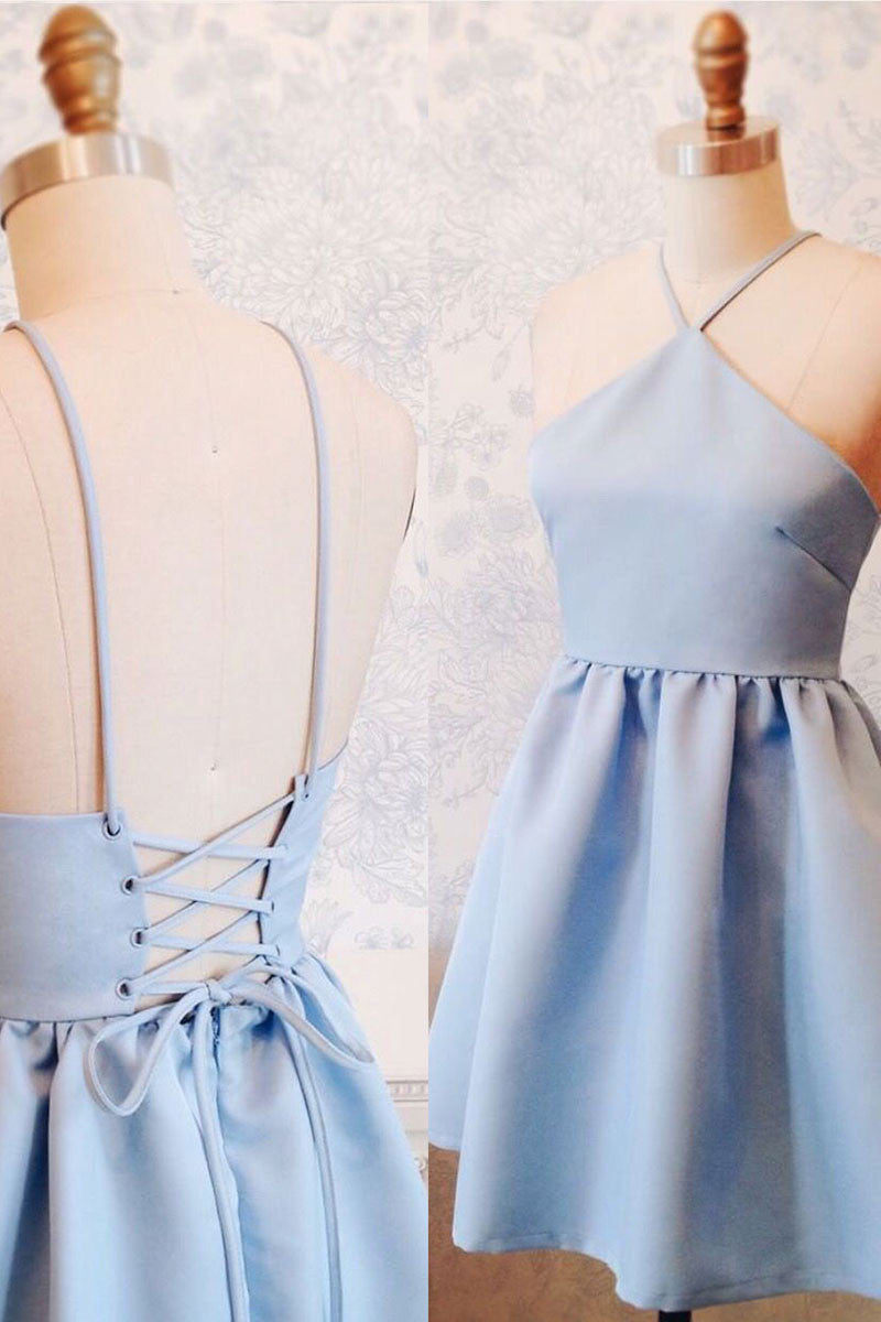 Simple blue backless short prom dress, blue homecoming dress