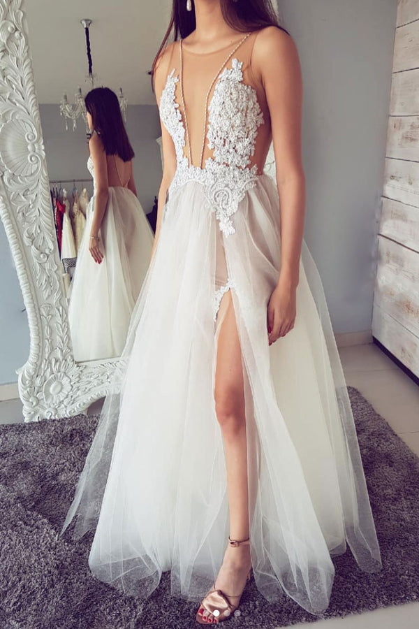 White round neck tulle lace long prom dress, lace long evening dress