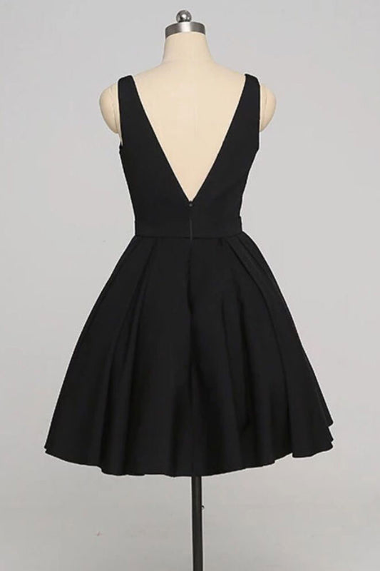 Simple v neck black short prom dress, black homecoming dress