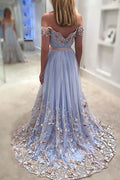 Unique sweetheart neck off shoulder tulle lace applique long prom dress
