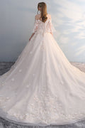Light champagne tulle lace applique long prom dress, champagne wedding dress