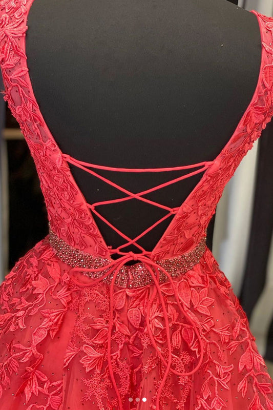Red round neck tulle lace long prom dress red evening dress