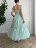 Green sweetheart neck tulle tea length prom dress green bridesmaid dress