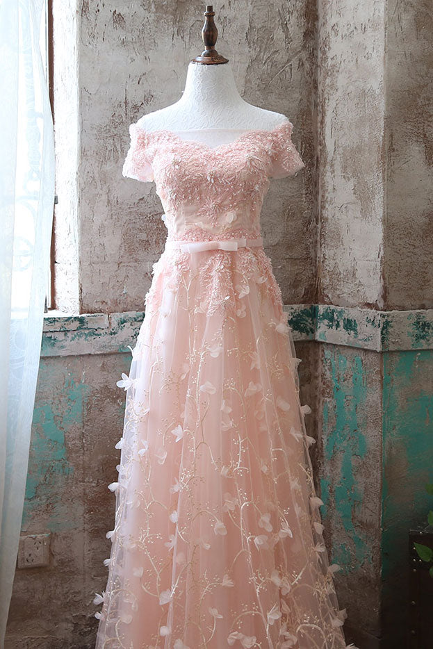 Pink lace tulle long prom dress pink evening dresses