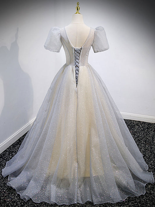 Gray v neck tulle sequin long prom dress, gray tulle formal dress