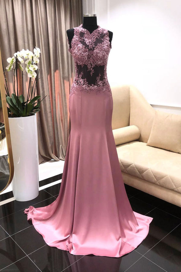 Pink satin lace applique long prom dress, lace pink evening dress