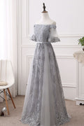 Gray tulle lace long prom dress, gray bridesmaid dress