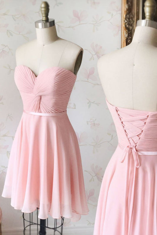 Simple sweetheart neck chiffon pink short prom dress, pink bridesmaid dress