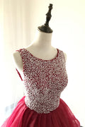Burgundy round neck tulle beads long prom dress, burgundy evening dress