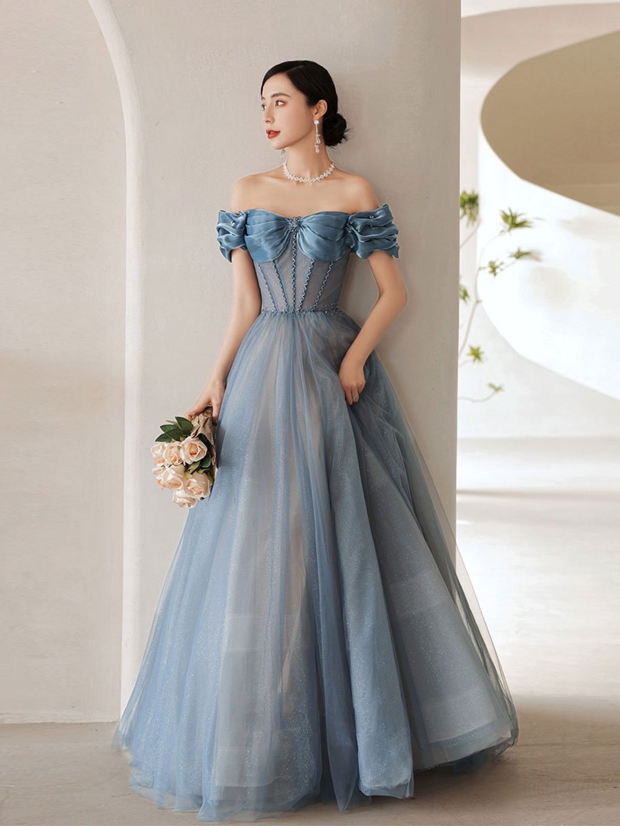 Blue off shoulder satin long prom dress, blue satin bridesmaid dress