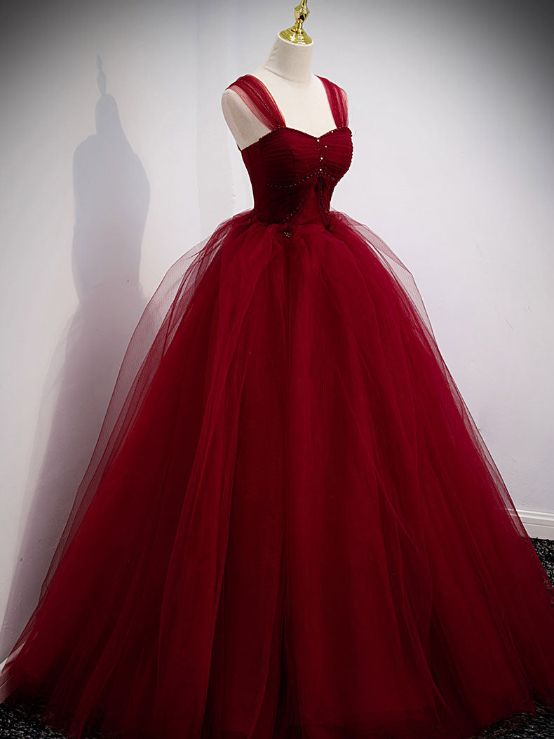 Simple burgundy tulle sequin long prom dress, burgundy evening dress dresstby Simple burgundy tulle sequin long prom dress, burgundy evening dress dresstby