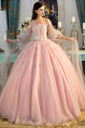 Pink off shoulder tulle long prom dress, sweet 16 dress