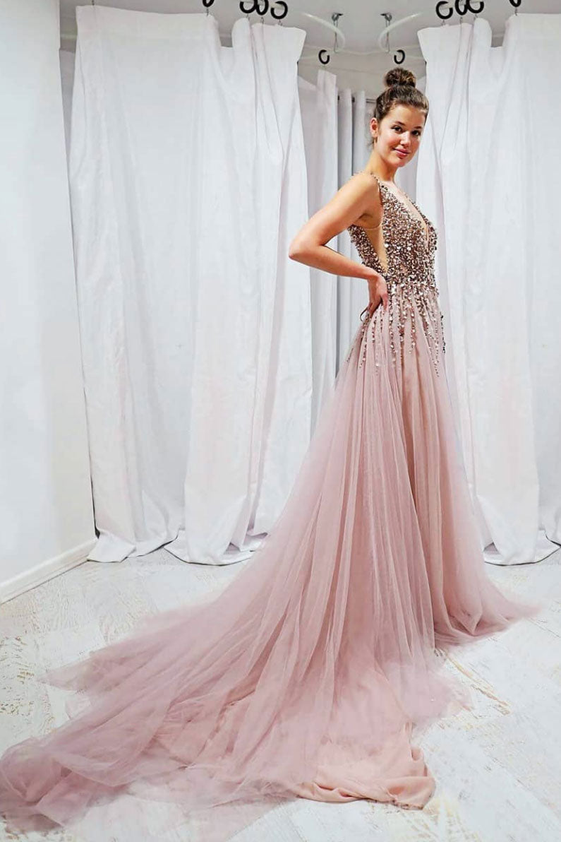 Pink v neck sequin beads long prom dress, pink evening dress