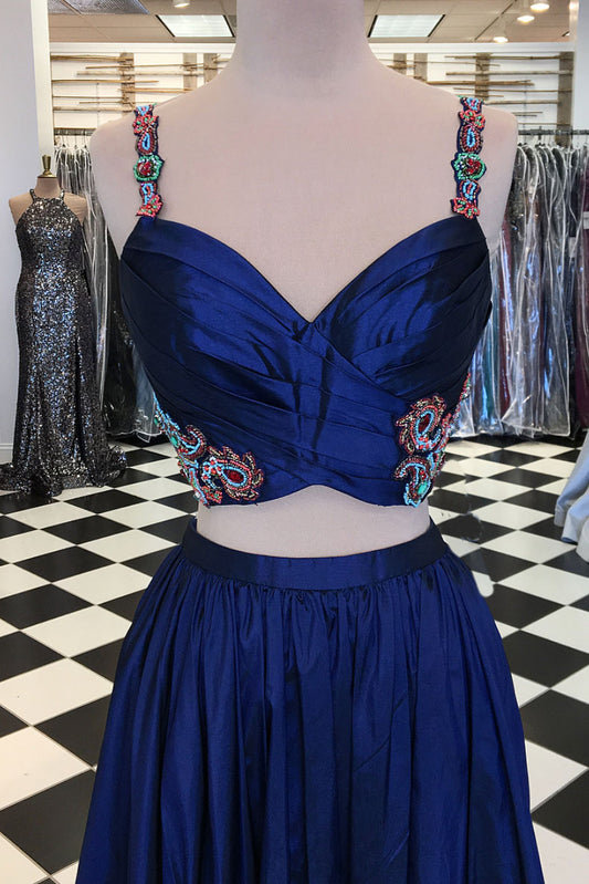 Blue two pieces beads long prom dress, blue evening dress