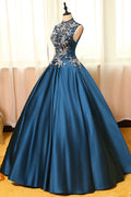Peacock Blue satin lace applique long prom dress, evening dress