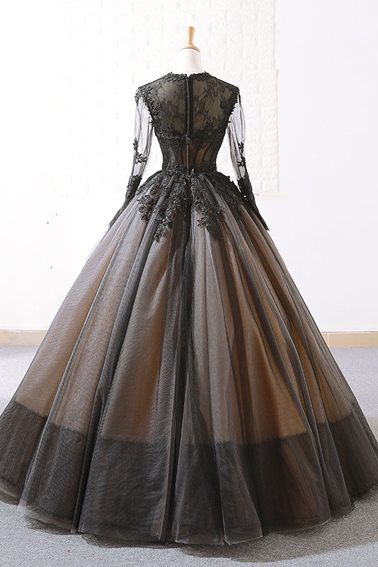 Black tulle lace long prom dress, tulle lace evening dress