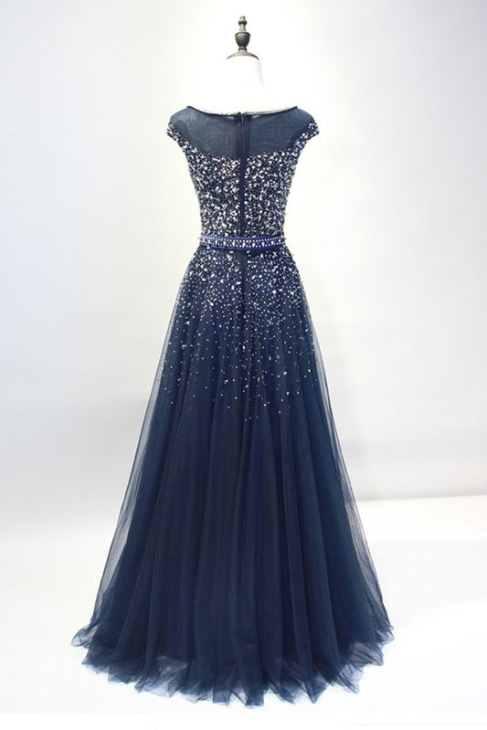 Dark blue round neck sequin tulle long prom dress, tulle evening dress