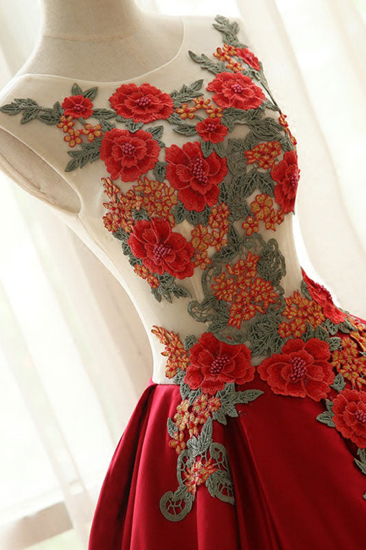 Burgundy round neck lace applique long prom dresses
