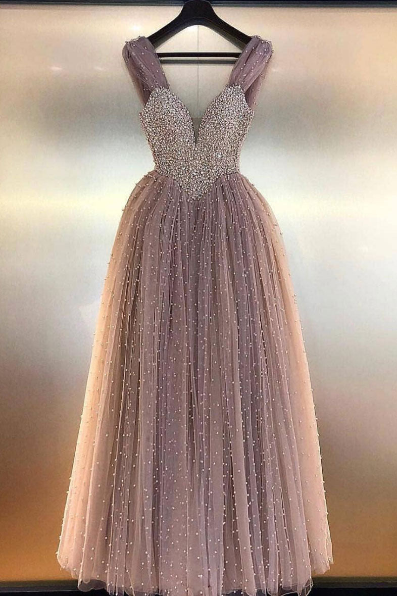Unique sweetheart tulle beads long prom dress, tulle evening dress