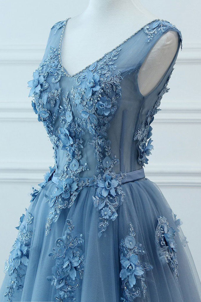 Blue v neck tulle lace long prom dress, blue tulle evening dress