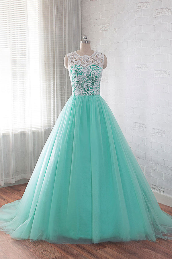 Green round neck tulle lace long prom dress, wedding dress