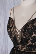Black v neck lace tulle long prom dress, black bridesmaid dress