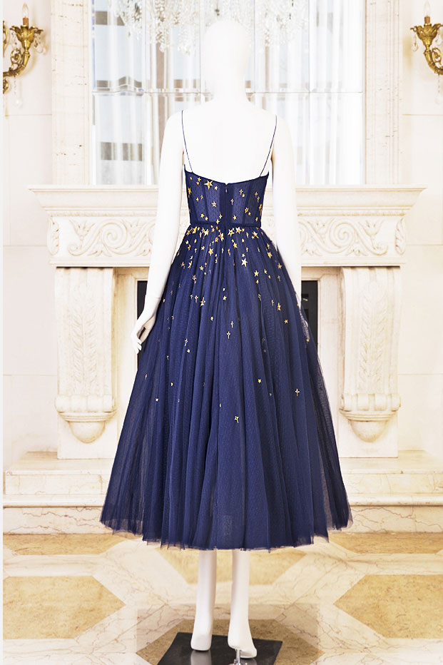 Dark blue tulle tea short prom dress, blue homecoming dress
