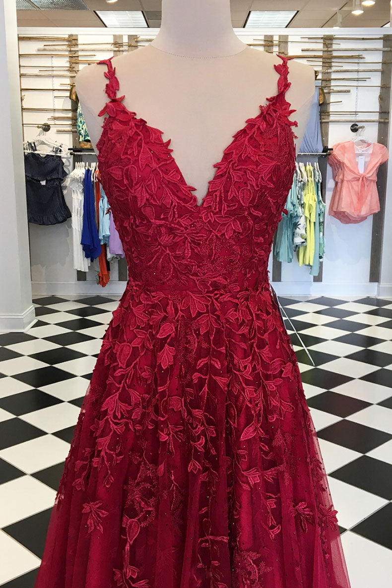 Burgundy v neck tulle lace long prom dress, burgundy tulle evening dress