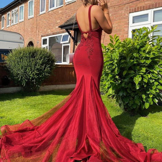 burgundy lace mermaid dress Zapaka Women Burgundy Long Prom Dress with Slit Beaded Mermaid Corset Spaghetti Straps Evening Dress with Lace Up Back, Burgundy / M
