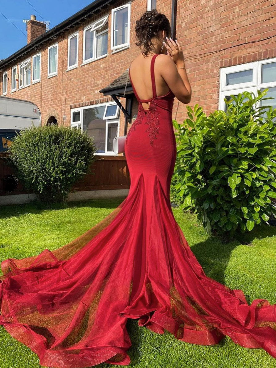 Burgundy v neck lace mermaid long prom dress, burgundy evening dress dresstby Burgundy v neck lace mermaid long prom dress, burgundy evening dress dresstby