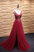 Burgundy v neck beads tulle long prom dress, burgundy evening dress