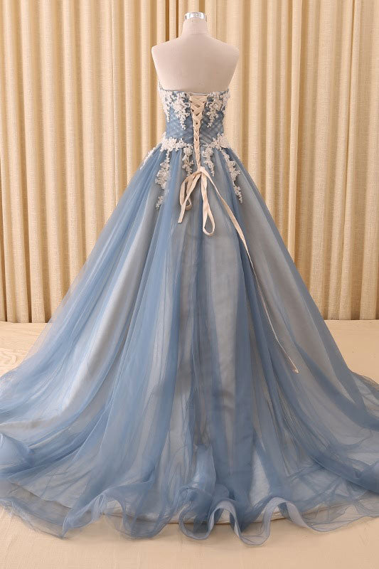 Blue sweetheart neck lace tulle long prom dress, blue tulle evening dress