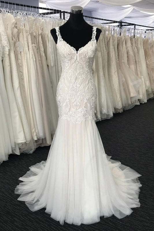 White lace tulle mermaid long prom dress, white wedding dress