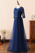 Dark blue round neck lace tulle long prom dress, blue bridesmaid dress
