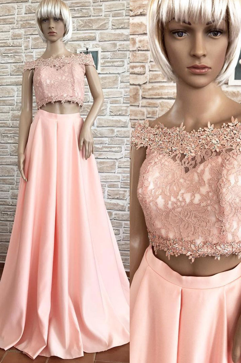 Pink off shoulder lace two pieces long prom dress, lace evening dress