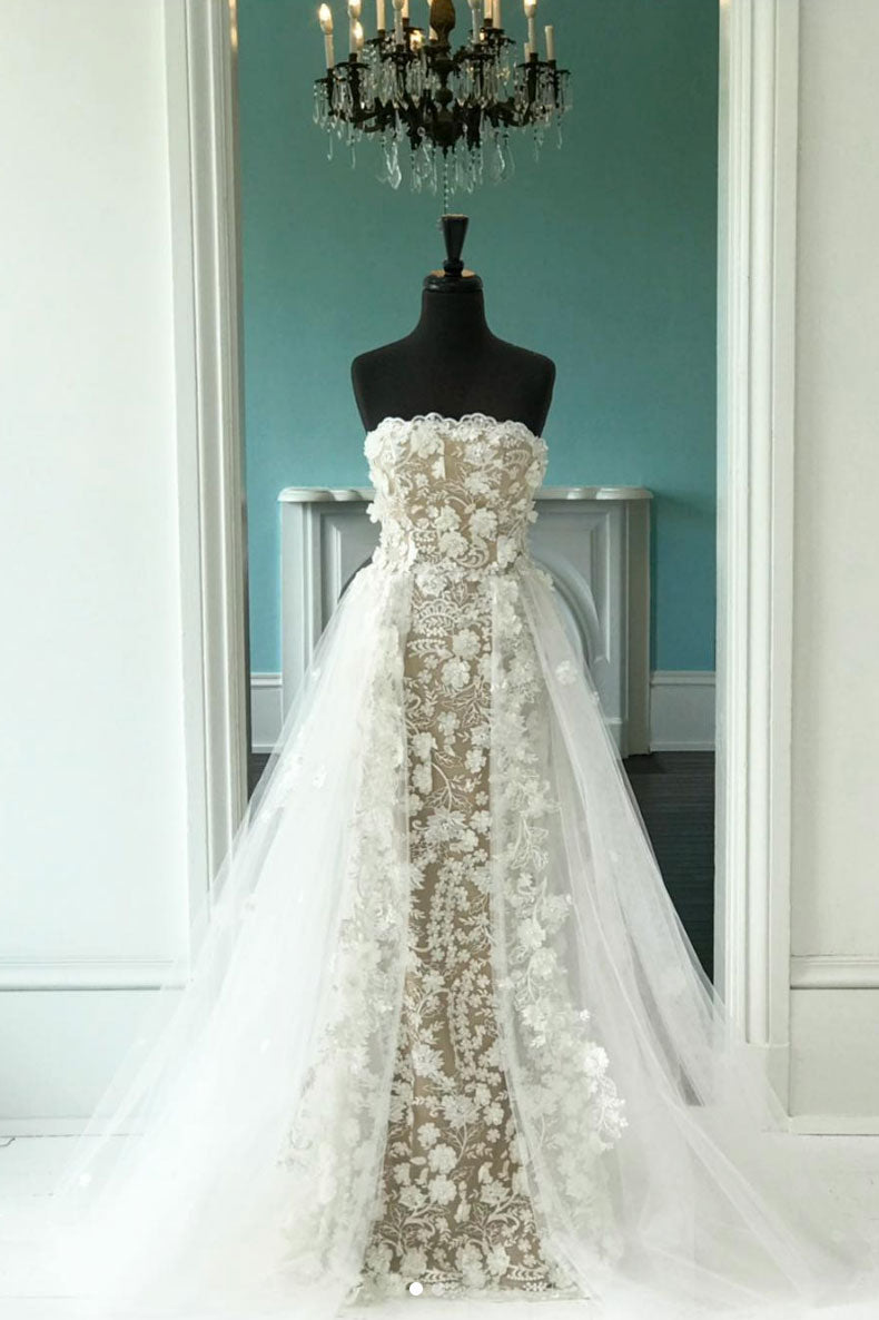 White lace long prom dress, white lace wedding dress