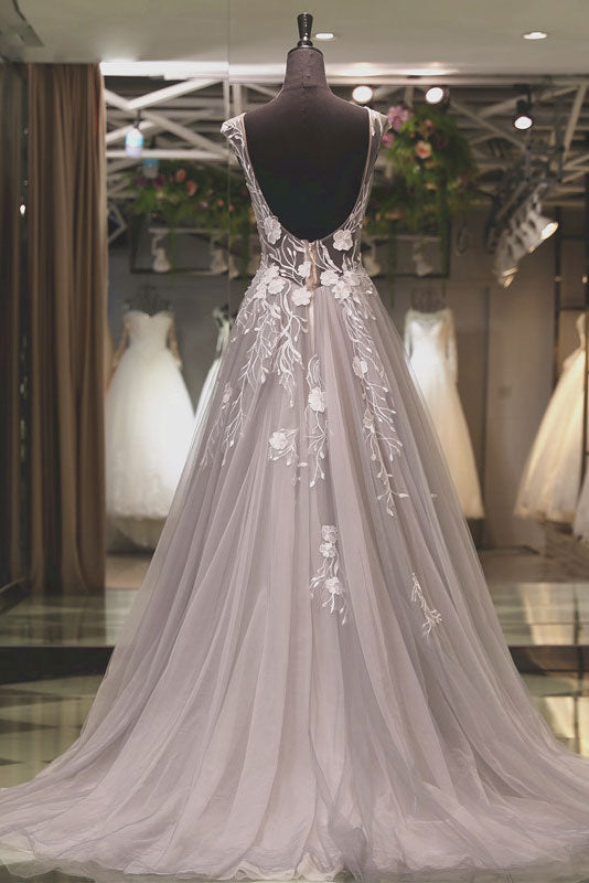 Light gray tulle lace applique long prom dress, gray evening dress