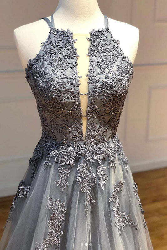 Gray tulle lace long prom dress gray tulle evening dress