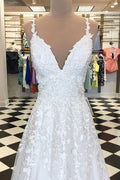 White v neck tulle lace applique long prom dress, white evening dress