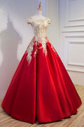 Red lace satin long prom dress, lace long evening dress