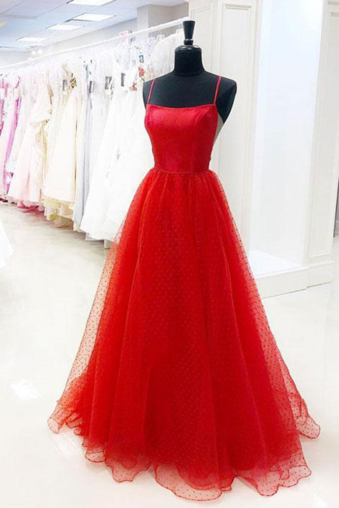 Red tulle long prom dress, red tulle evening dress