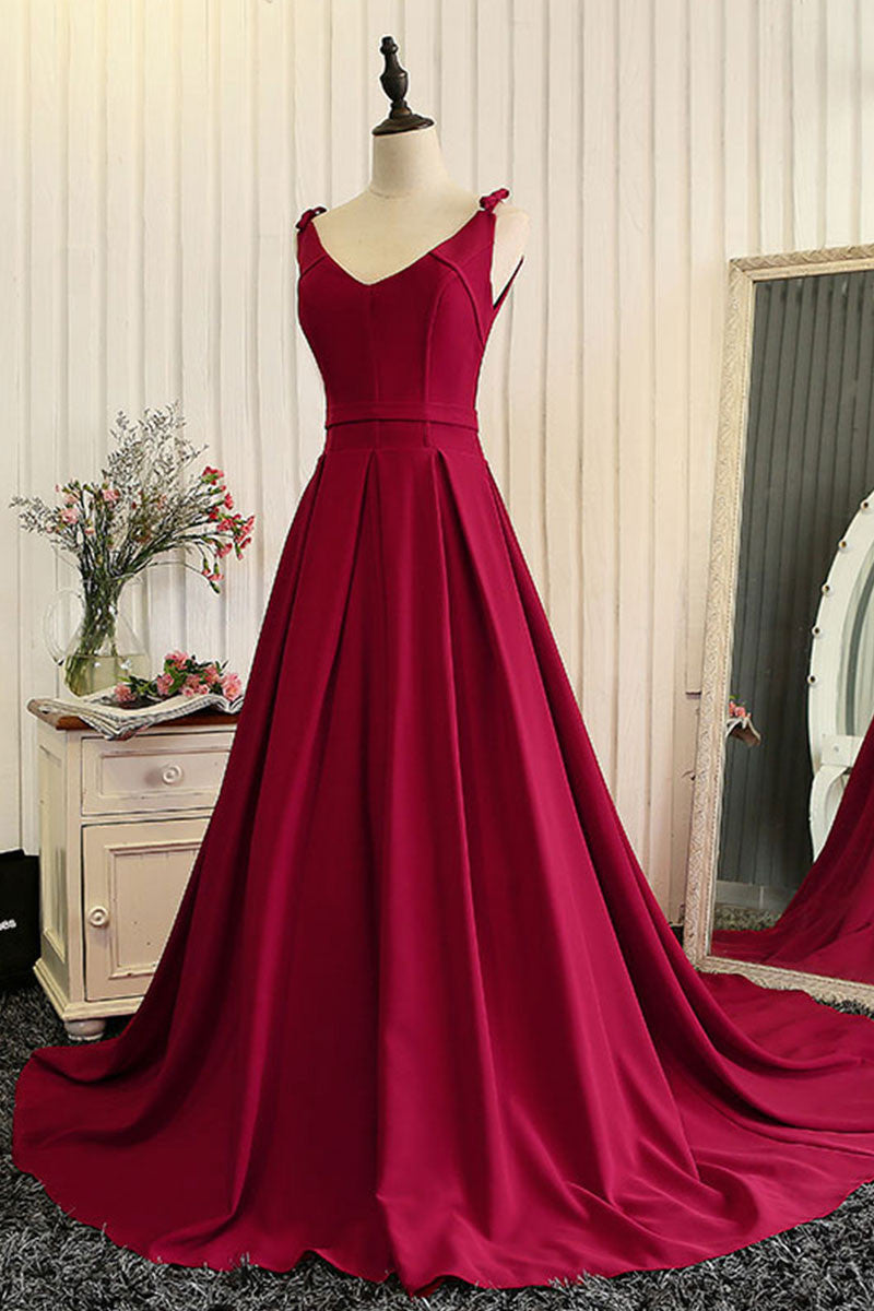 Red v neck satin long prom dress, red evening dress
