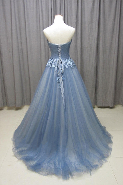 Gray blue sweetheart neck tulle long prom dress, gray evening dress