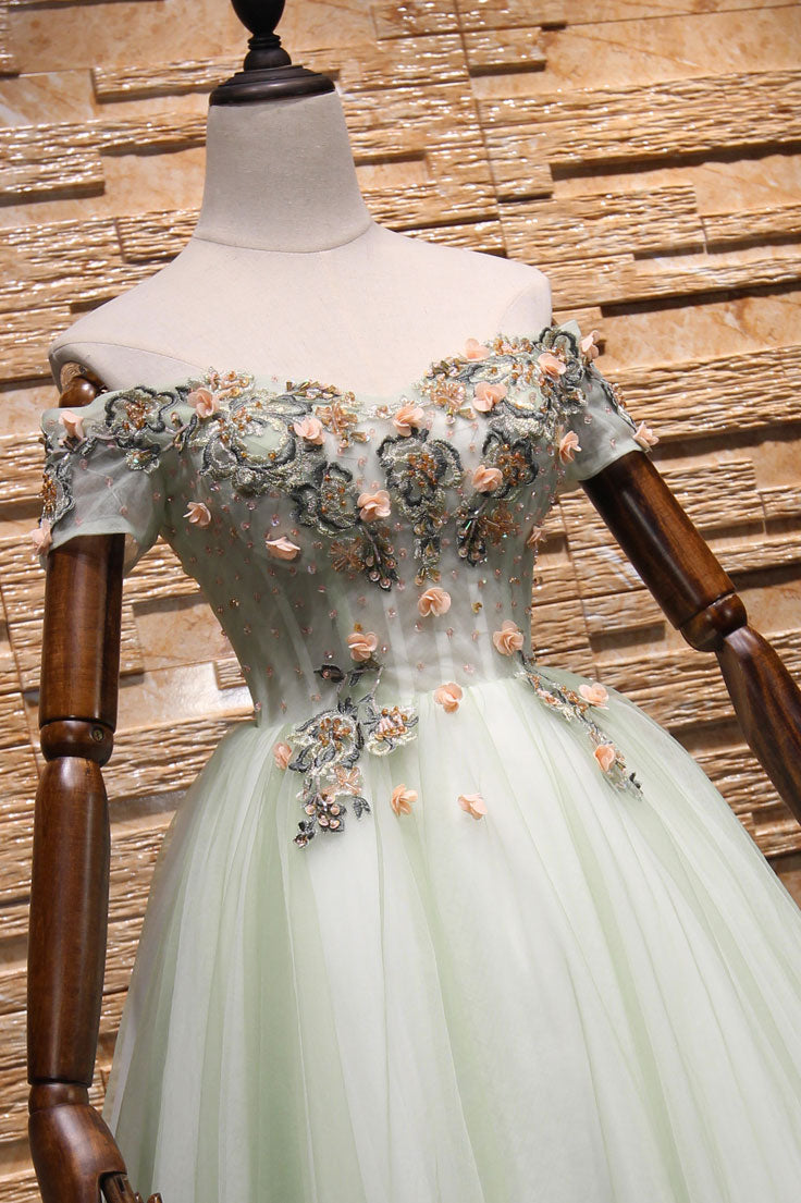 Light green tulle lace applique short prom dress, homecoming dress
