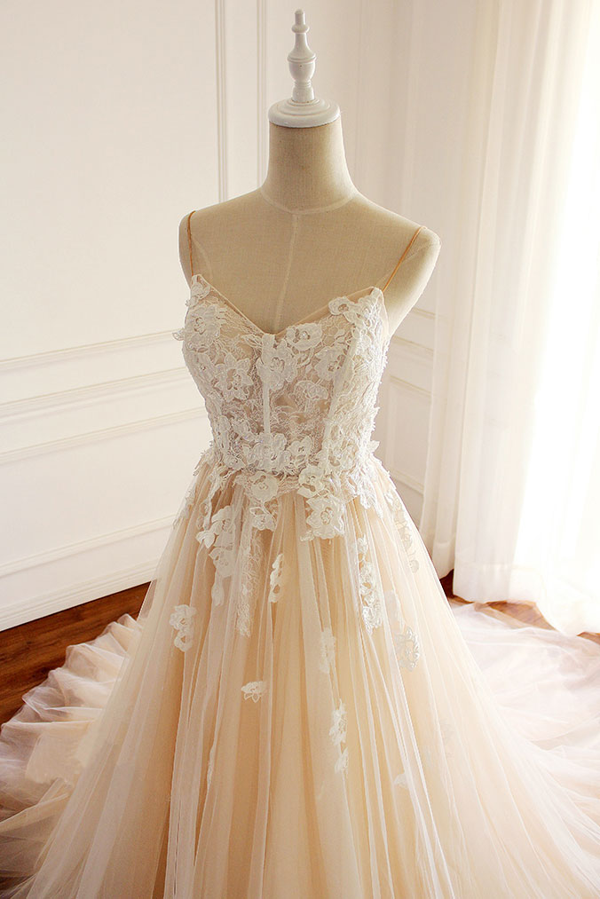 Champagne tulle lace applique long prom dress, champagne evening dress