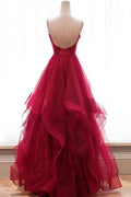 Burgundy v neck tulle long prom dress, burgundy evening dress