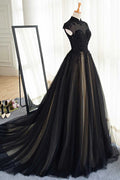 Black tulle lace long prom dress, black tulle evening dress