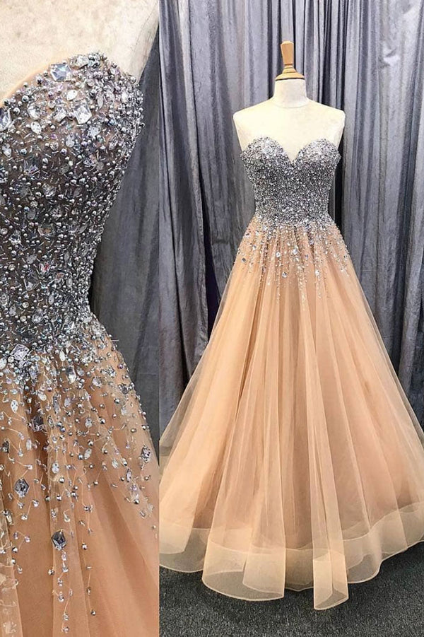 Champagne sweetheart neck tulle beads long prom dress, evening dress