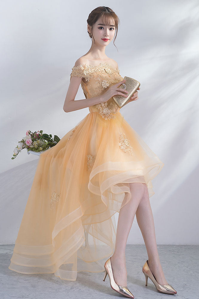 Cute champagne tulle high low prom dress, champagne homecoming dress