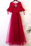 Burgundy v neck tulle lace long prom dress, burgundy evening dress